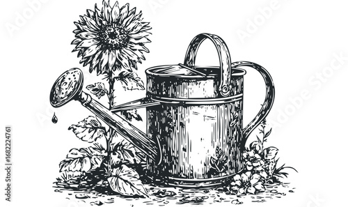 Detailed sketch of a vintage watering can and a sunflower on a transparent background. Vector hand drawn illustration