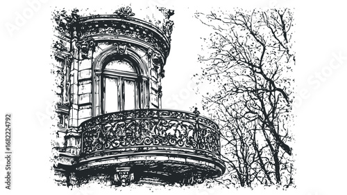 Ornate Architectural Balcony and Bare Tree Branches in a Sketch Style. Vector hand drawn illustration