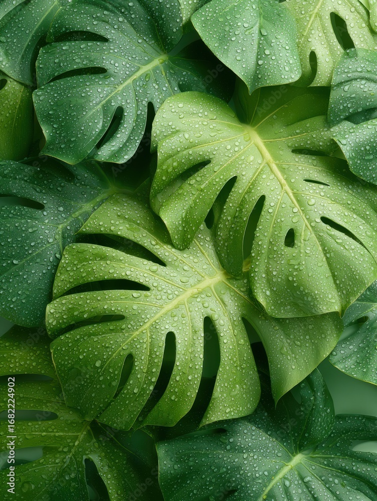 Obraz premium Premium Tropical Monstera Leaves with Water Droplets Overhead View Authentic Natural Texture for Modern Lifestyle and Wellness Marketing Content