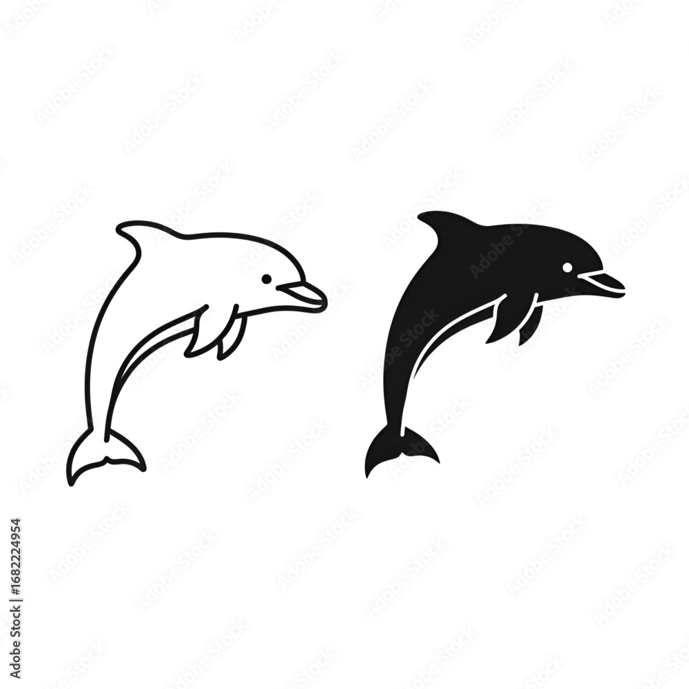 Fototapeta premium Minimalist outline and silhouette dolphin icons for marine education and design