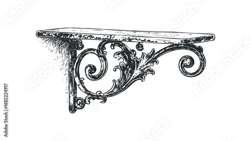 Ornate decorative metal bracket with scrollwork detail. Vector hand drawn illustration