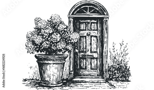 Sketch of an arched wooden door with a potted flowering plant and shrubbery. Vector hand drawn illustration