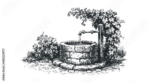 Old stone well with running water and ivy foliage. Vector hand drawn illustration
