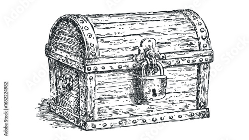 Vintage wooden treasure chest with padlock and metal bands. Vector hand drawn illustration