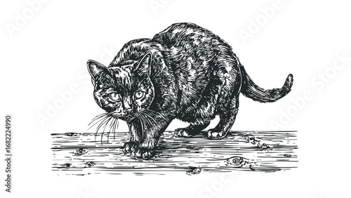 Detailed sketch of a wary domestic cat crouching on textured wooden planks. Vector hand drawn illustration