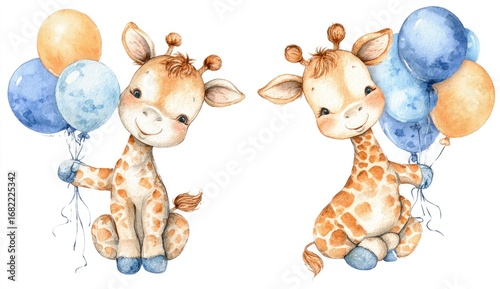 Two adorable baby giraffes, seated, holding light blue and peach balloons