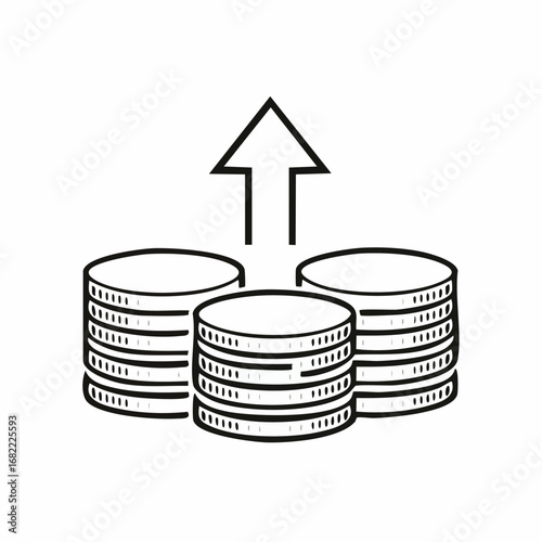 Iconic illustration demonstrating the concept of increasing money, with multiple coin stacks and an upward arrow, symbolizing financial gain, profit, and economic development