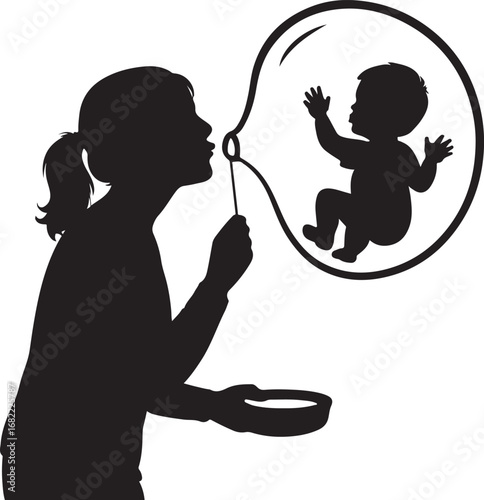 Silhouette of a woman blowing a bubble containing a baby vector