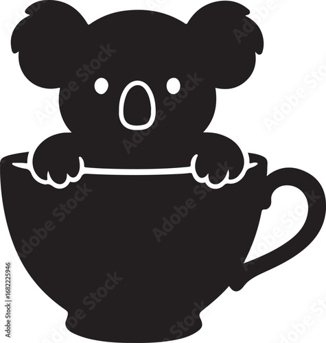 Black silhouette of a cute koala peeking out of a coffee cup animal