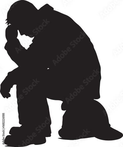 Black silhouette of a man sitting with head in hands next to a hard hat despair