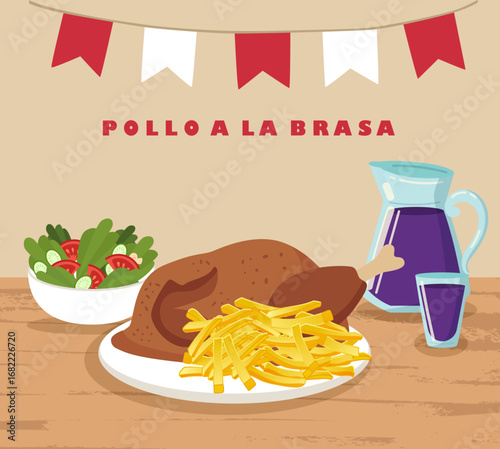 Pollo a la Brasa con papas fritas, ensalada y chicha morada, comida típica peruana