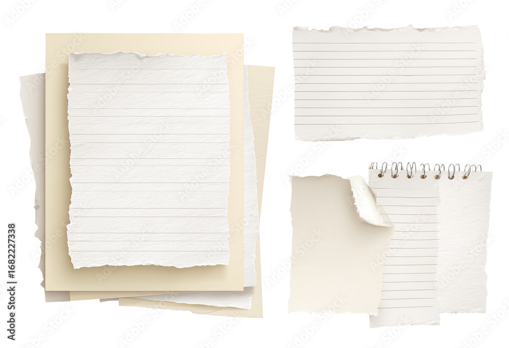 Fototapeta premium Collection of blank, ripped, and lined papers