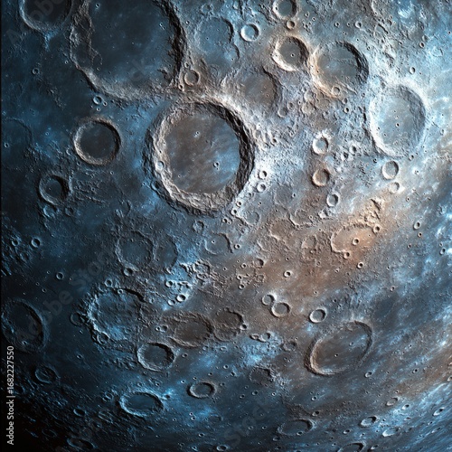 Detailed surface of a moon with numerous craters in varying sizes and depths under dramatic lighting conditions