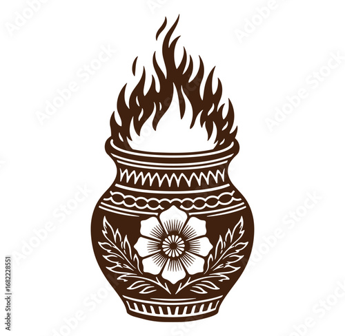 Traditional indian decorative pot with floral designs and burning flames artistic vector illustration