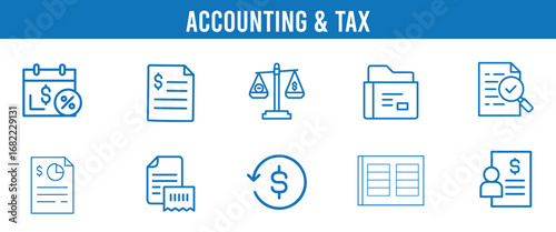 Collection of accounting and tax icons representing financial concepts and business operations for digital platforms vector