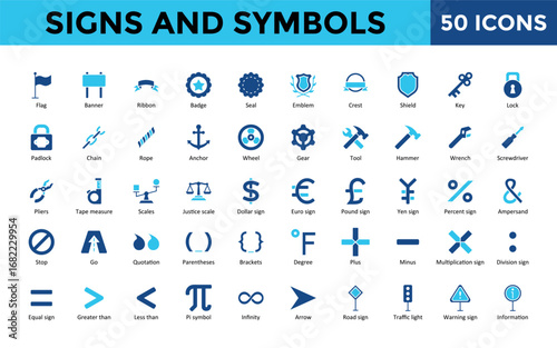 Signs and Symbols icons set with flag, banner, ribbon, badge, seal, emblem, crest, shield, key, lock icon. Simple flat duotone vector illustration 
