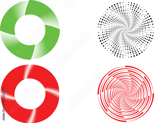 Abstract Circular Geometric Shapes. Colorful Spiral, Halftone Dots, Optical Circle Patterns Vector Illustration.