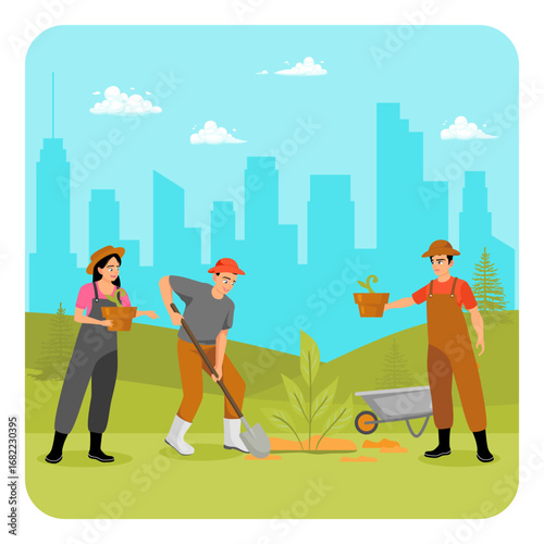Group of Volunteers Planting Trees in a City Park.