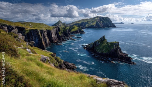 Dramatic coastal landscape with rugged cliffs, rocky islands, and a vast ocean