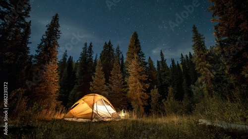Orange tent nestled in a pine forest at night under a starry sky
