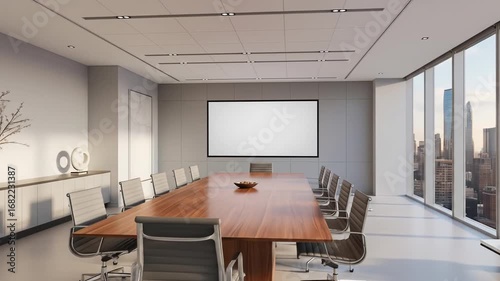 Modern Conference Room with City View and Empty Screen for Presentation