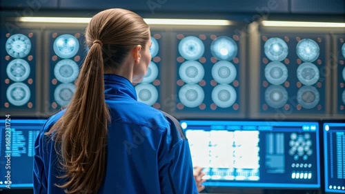 AI threats healthcare systems cybersecurity analyst monitors radiology scans and medical diagnostics hospital control room, vigilant focus blue light