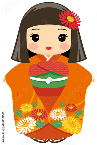 日本人形アイコン｜オレンジの着物を着たぱっちりお目目の女の子(Japanese Doll Icon｜Cute Girl with Orange Kimono and Big Eyes)