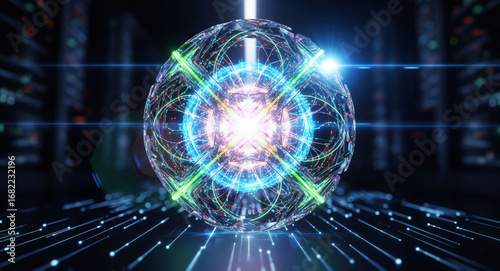 Glowing holographic energy sphere with quantum particle beams and electromagnetic field visualization. Futuristic plasma fusion core technology for advanced scientific research and digital innovation.