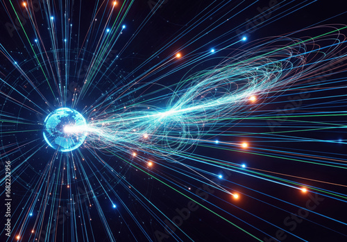 Quantum physics visualization with energy particle collision and electromagnetic radiation waves. Abstract science concept of atomic fusion reaction and cosmic dynamics.