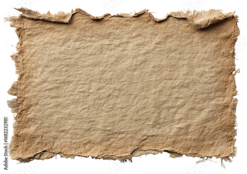 Aged, tattered, beige rectangle of paper or fabric.  Frayed edges