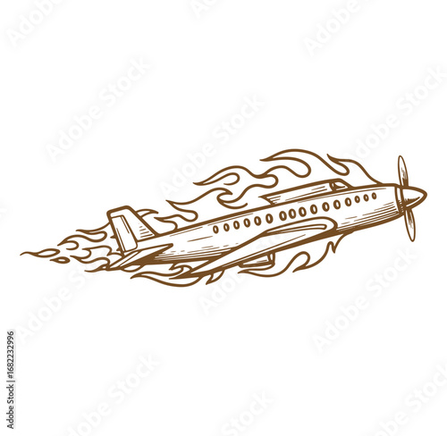 Vintage brown airplane illustration with flames depicting speed and transportation