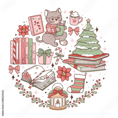 Christmas Bookish Collection Vector, Cozy Winter Cat Reading, Cute Christmas Books Hand Drawn Design