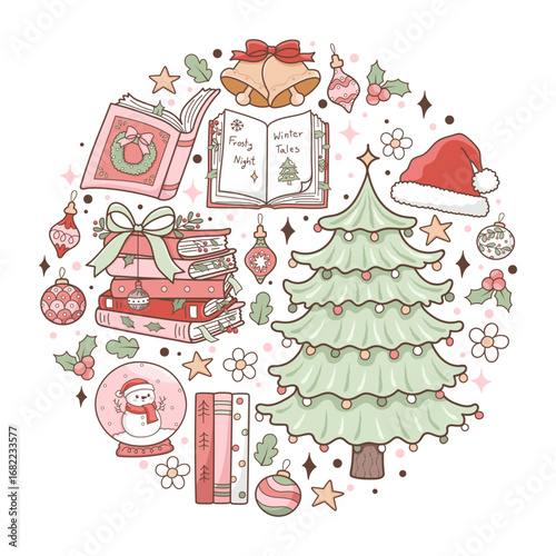 Christmas Bookish Vector, Cozy Winter Reading, Holiday Book Lover Hand Drawn Design