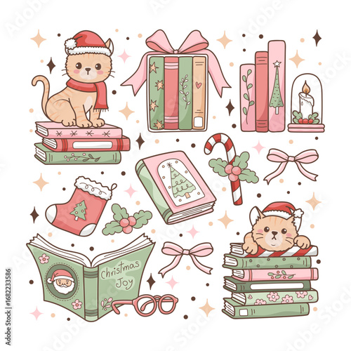 Christmas Bookish Vector, Cozy Winter Reading, Holiday Book Lover Hand Drawn Design