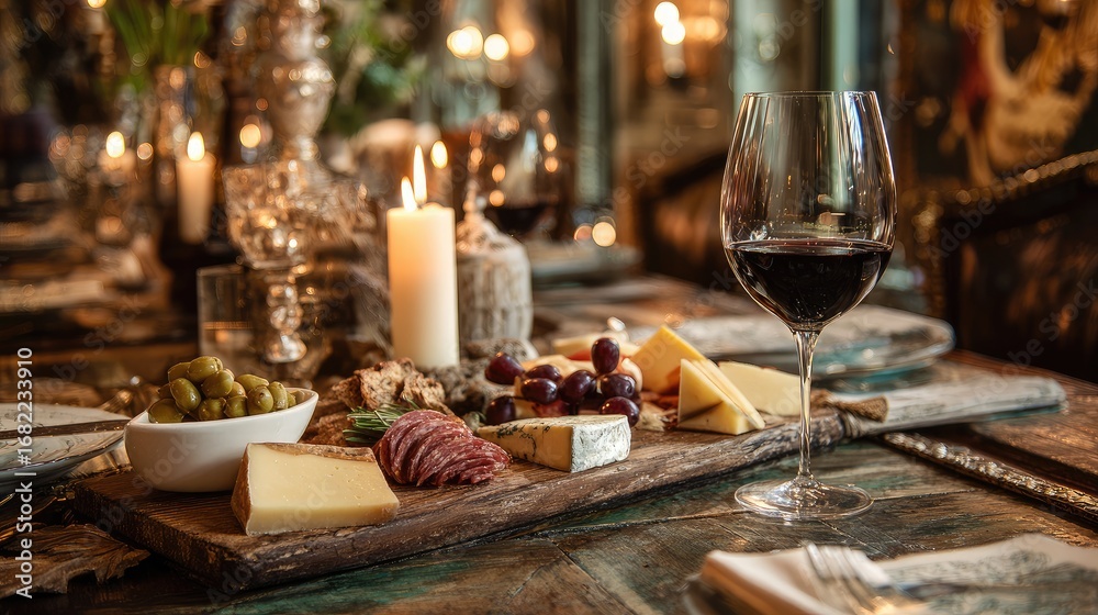 Fototapeta premium Elegant cheese and charcuterie board on rustic table, candles, wine glass