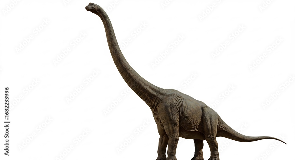 Obraz premium Hoch aufragender Dinosaurier steht majestaetisch vor weissem Hintergrund. AI Generated