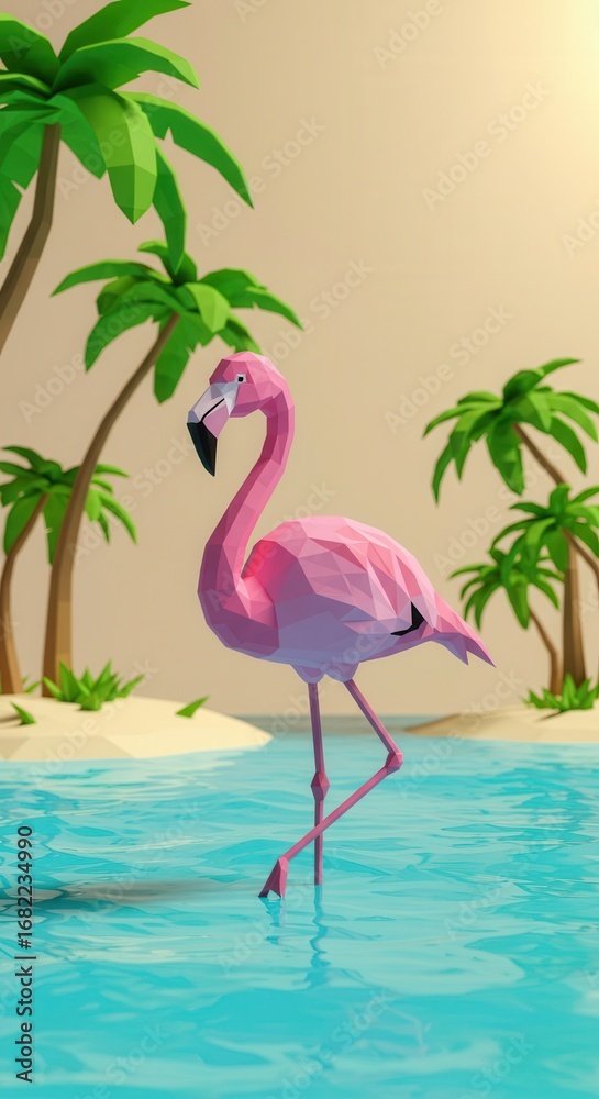 Fototapeta premium A pink flamingo stands in a tranquil, low-poly tropical scene, highlighting the vibrant colors and simple shapes of a digital art piece.