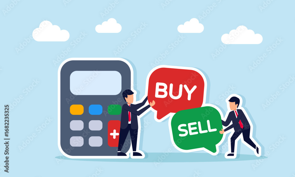 Obraz premium Businessman holding chat dialog with BUY and another with SELL standing near calculator illustration of risk calculation in trading