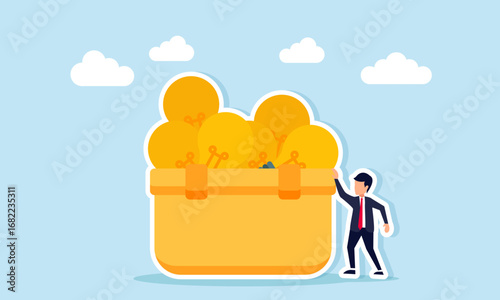 Businessman standing near container full of light bulbs illustration of creativity and business innovation