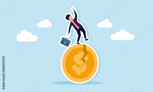 Businessman standing on broken dollar coin losing balance illustration of unstable economy caused by inflation