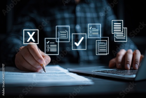 Person reviewing documents with checkboxes and marks