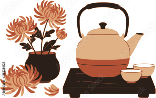 Respect For Aged Day Japan, Chrysanthemum and Tea Flat Vector Illustration-敬老の日
