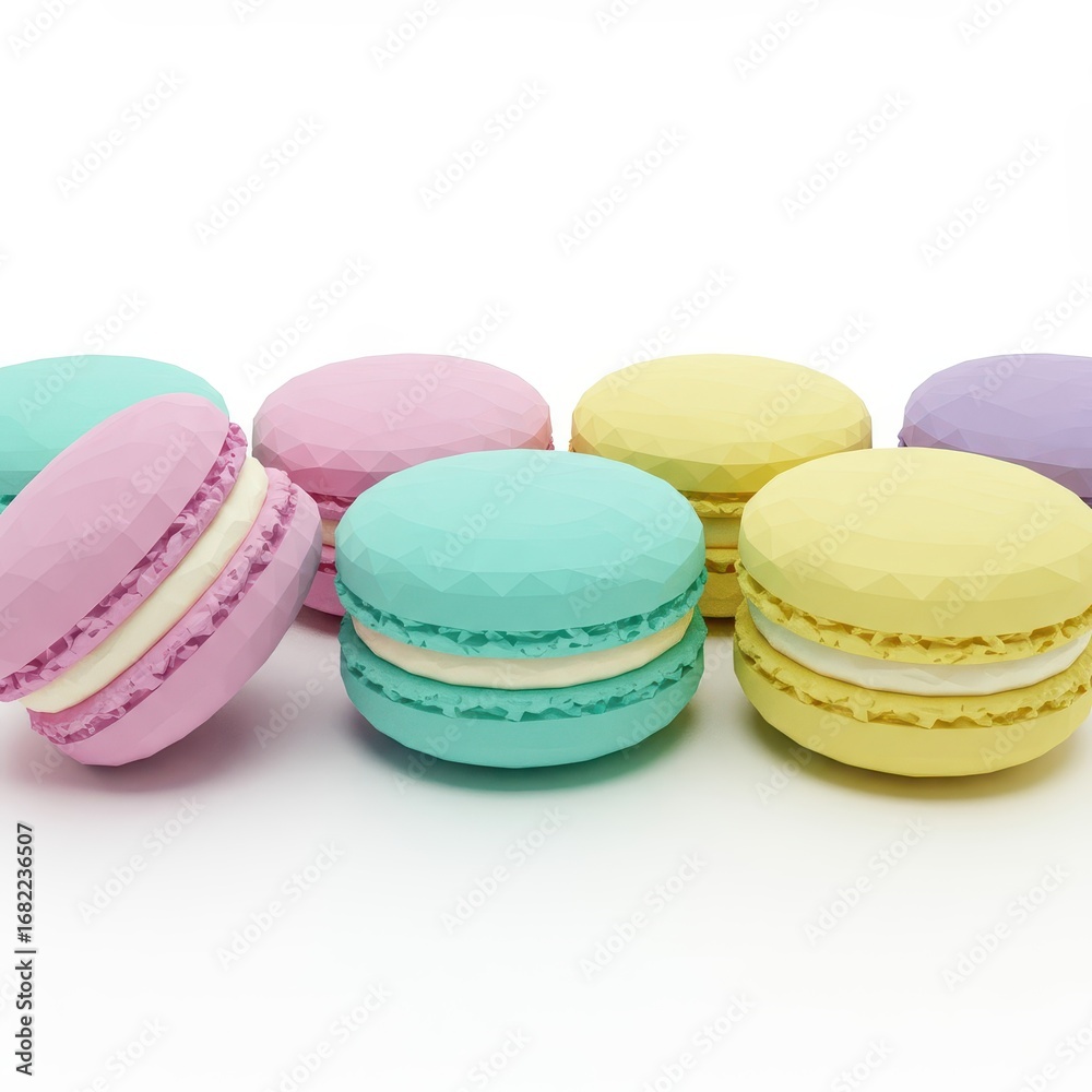 Fototapeta premium Colorful macarons in pastel shades, arranged in a delightful display against a simple white background.