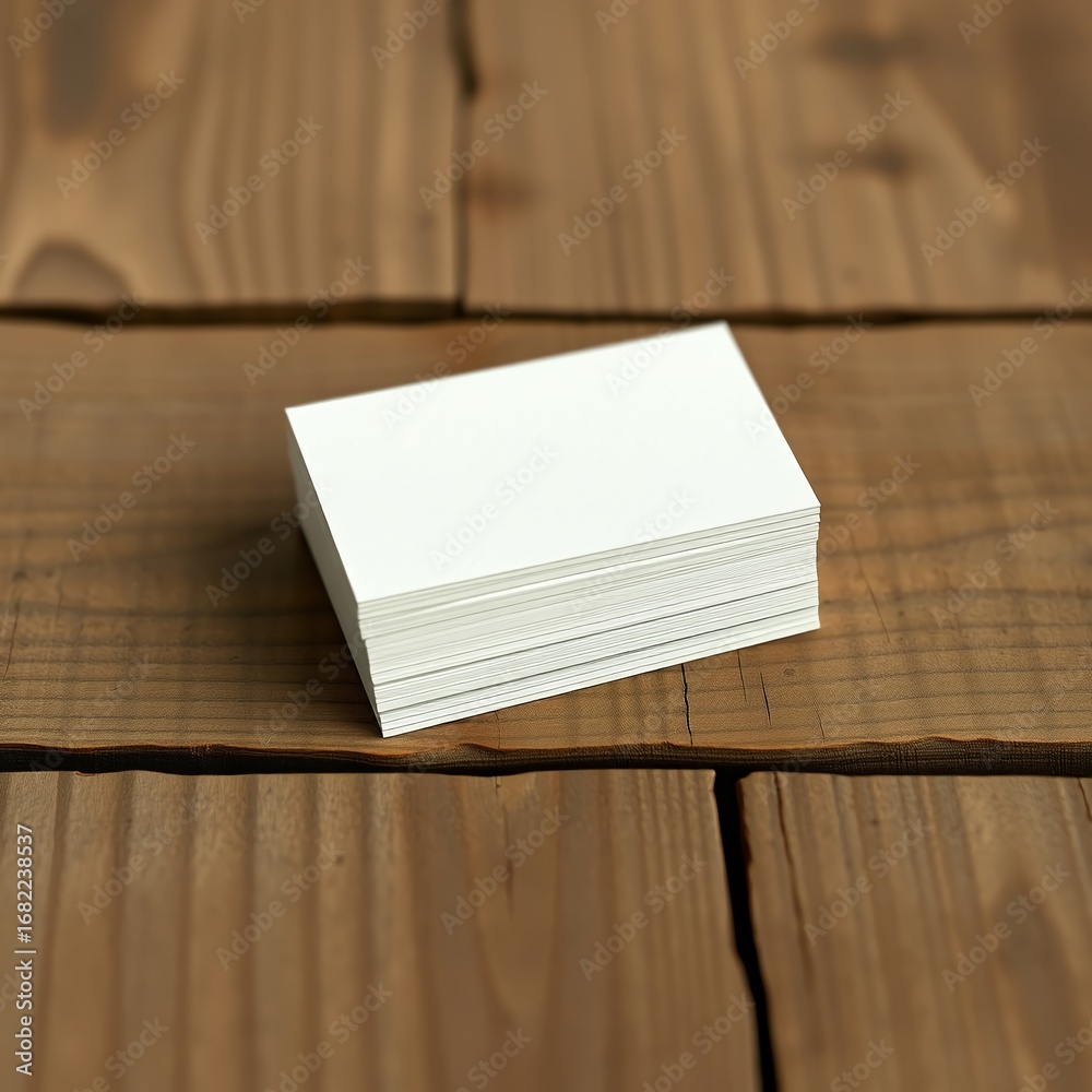 Fototapeta premium Close-up shot of a stack of white business cards on a wooden surface, focused.