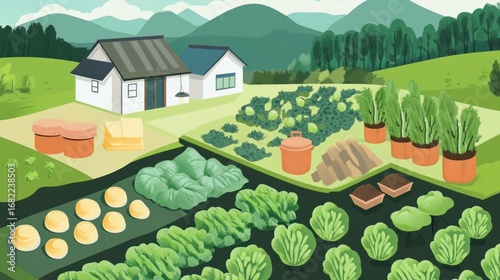 Charming cartoon illustration of a rural vegetable farm scene with houses and green hills