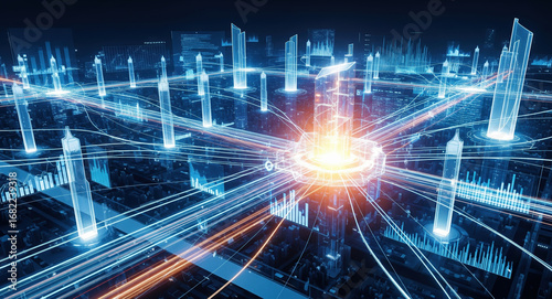 Digital network connectivity over smart city skyline. Data transmission, cyber infrastructure visualization. Futuristic urban technology, wireless communication, glowing light trails, analytics.
