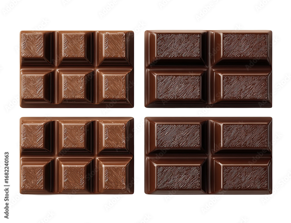 Obraz premium Four dark chocolate bars, top view. Each bar has a grid of squares. Slight texture variations