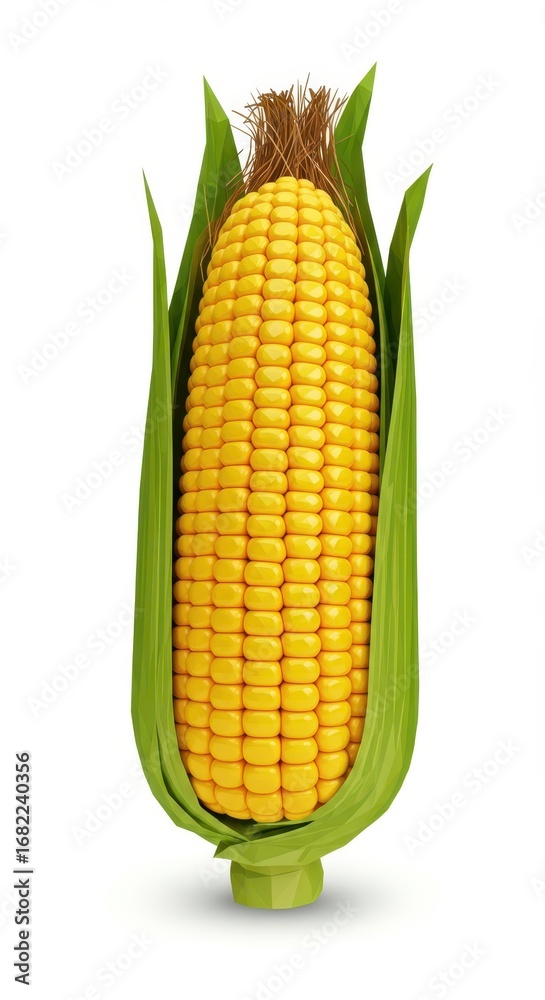 Obraz premium A vibrant, full corn cob stands out against a plain white background, showcasing its rich yellow kernels and fresh, green leaves.