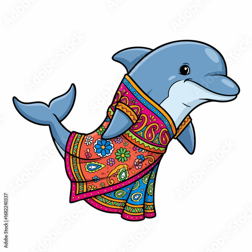 Cartoon Dolphin Wearing a Traditional Indian Saree Illustration.