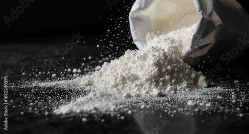 White Powder Spilling From a Bag on Dark Surface